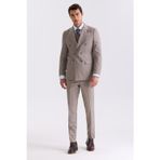 Bej Slim Fit Sivri Yaka Çizgili Kruvaze Takım Elbise