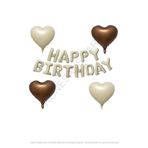Bej ve Kahverengi Kalp Folyo Balon ve Happy Bırthday Folyo Balon Seti
