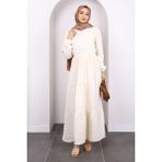 Bej Yaka Bağlamalı Eteği Katlı Muslin Elbise - 42
