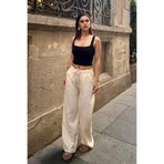 BEJNA Kadın Krem Keten Dokulu Bol Kesim Palazzo Pantolon