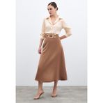 Bel Aksesuarlı Saten Krep Etek - Camel - 40