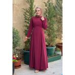 Bel Kuşaklı Kol Fermuar Detaylı Elbise 6041 Bordo - 42