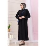Beli Kuşaklı Luna Tesettür Elbise-Siyah - Beyaz - 2
