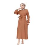 Beli Kuşaklı Luna Tesettür Elbise-Taba