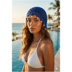 Belifanti Collection Kadın Saks Mavisi Yazlık File Bandana Şapka İncili Örgü Plaj Şapkası Bohem Stil