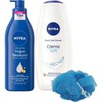 Belirtilmemiş Creme Duş Jeli 500ML Yoğun Besleyici Nemlendirici Vücut Sütü 400ML, Banyo Lifi Hediyeli
