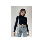 Belirtilmemiş Kadın Balıkçı Yaka Crop Kazak Siyah Renk Trend Tasarım Uzun Kol