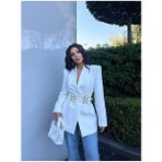 Belirtilmemiş Kadın Uzun Kol Kemer Detaylı Blazer Ceket Düz Desen ile Tüm Sezonlar için Tasarım - Beyaz - XL