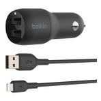 Belkin 24W Hızlı Araç Şarj Cihazı 2 Port USB Siyah+Apple Lightning Kablo