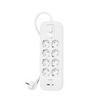 Belkin 8'li çoklu priz, yüksek gerilim korumalı, duvara montaj, 8 priz, 2 m güç kablosu, yeşil ışıklı gösterge, hızlı şarj için USB C PD’li USB-C ve USB-A bağlantısı; 900 jul koruma