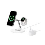 Belkin BoostCharge 3'ü 1 Arada Qi2 şarj cihazı, MagSafe uyumlu kablosuz şarj istasyonu, Apple iPhone 17 Serisi, Apple Watch, Kaymaz Tabanlı AirPods için Qi2 Kablosuz Şarj Aleti, PSU Dahil - Beyaz