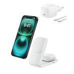 Belkin UltraCharge MagSafe Uyumlu 2’si 1 Arada Qi2 25W Kablosuz Şarj İstasyonu, iPhone 16, AirPods, Pixelsnap, Dönüştürülebilir Masaüstü Standı, USB-C Portlu, 45W Adaptör, Beyaz