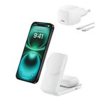 Belkin UltraCharge MagSafe Uyumlu 2’si 1 Arada Qi2 25W Kablosuz Şarj İstasyonu, iPhone 17, AirPods, Pixelsnap, Dönüştürülebilir Masaüstü Standı, USB-C Portlu, 45W Adaptör, Beyaz
