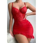 Bella Notte 2 Parça Balenli Fırfırlı Dantel Tül Gecelik - XL - Kırmızı