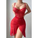 Bella Notte 2 Parça Kırmızı Önden Yırtmaçlı Uzun Gecelik - 2XL