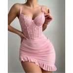 Bella Notte 2 Parça Toz Pembe Fırfırlı Tanga ve Gecelik - S