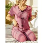 Bella Notte Kadın Fiyonk Detaylı Pamuklu Pijama Takımı Mevsimlik Kısa Kollu Pembe Renk - XL