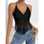 Bella Notte Kadın Siyah Püsküllü Crop Bluz - M