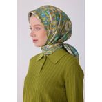 BELLİ Yeşil Etnik Desen %100 Twill İpek Eşarp 4314-83