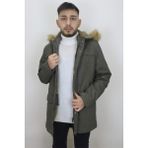 Bellisimo Fistan Store Erkek Hakim Yaka Içi Kürklü Rahat Kalıp Kapüşonlu Kışlık Keten Kabanb - Haki Yeşil