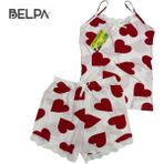 Belpa Sıla Sella Bamboo Kadın Şortlu Pijama Takımı – Askılı Dantel Detaylı, Kırmızı, XL