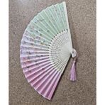 Beluga Yelpaze Bambu Kumaş Serinletici Vintage Şık Dekorasyon Pembe/yeşil Püsküllü Japon Yelpaze 0280