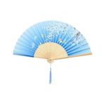 Beluga Yelpaze Bambu Vintage Mavi Kelebekli Bahar Dalı Desenli Şık Püsküllü Japon Yelpaze 0396