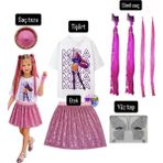 Bemora Kids Kpop Mira Iblis Avcıları Baskılı Tişört+Pembe Pullu Etek + Mira Pembe Simli Saç +Yüz Taşı+Saç Tozu Parti Doğum Günü - 11 - 12 Yaş