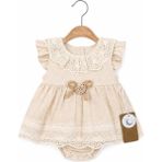 Bemy Store 3/12 Ay Dantel Detay Organik Kumaş Bebek Elbisesi - Bej
