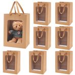 BENECREAT 8 Paket Şeffaf Kağıt Torba, Kahverengi Kraft Kağıdından Pencereli, 35 x 25 x 18 cm, Kulplu Hediye Torbası, Doğum Günü, Düğün, Parti, Yıl Dönümü için