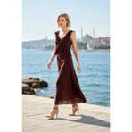 BENERLY Kadın Midi Elbise A Kesim V Yaka Kolsuz Volanlı Fırfırlı Köpük Örme Kumaş Astarlı Çan Form