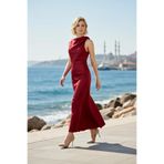 BENERLY Kadın Midi Elbise Degaje Yaka Kolsuz Astarlı Düz Dokuma Saten Slip Kalıp Gece Şık