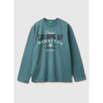 Benetton Erkek Çocuk Gri-Yeşil Önü Logo Baskılı Uzun Kollu T-shirt