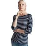 Benetton Kadın Lacivert%100 Pamuk Çizgili Logolu Kayık Yaka Truvakar Kol T-Shirt, Lacivert, S