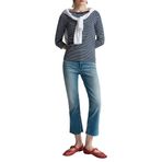 Benetton Kadın Lacivert%100 Pamuk Çizgili Logolu Kayık Yaka Truvakar Kol T-Shirt, Lacivert, XS
