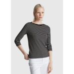 Benetton Kadın Sİyah%100 Pamuk Çizgili Logolu Kayık Yaka Truvakar Kol T-Shirt, Sİyah, S