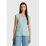 Benetton Kadın Su Yeşili%100 Keten Yanları Yırtmaçlı Relax Fit Yuvarlak Yaka T-Shirt, Su Yeşili, M