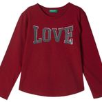 Benetton Kız Çocuk Kırmızı Önü Pullu Baskı Detaylı Etek Ucu Yuvarlak Uzun Kollu T-Shirt