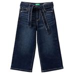 Benetton Kız Çocuk Koyu Denim Arka Cebi Logo Detaylı Beli Kuşaklı Geniş Paça Pantolon