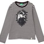 Benetton Kız Çocuk Koyu Gri Etek Ucu Logo Etiketli Önü Fotoğraf Baskılı Çizgili T-Shirt