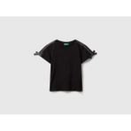 Benetton Kız Çocuk Logo Işlemeli Omuzları Simli Kurdeleli T-Shirt - Siyah - 7 - 8 Yaş