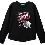 Benetton Kız Çocuk Siyah Önü Pullu Baskı Detaylı Etek Ucu Yuvarlak Uzun Kollu T-Shirt
