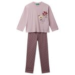 Benetton Kız Çocuk Toz Pembe-Mor Üstü Baskılı Cep Detaylı Altı Desenli Slim Fit Pijama Takımı