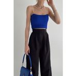 Bengi Clothing Kadın Saks Mavisi Triko İnci Askı Detay Crop Bluz