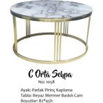 Bengi Ticaret Brc 14057 Sehpa C Model BEYAZ MERMER TEMPER Cam Metal GOLD renk Ayak El Yapım