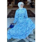 benguen Desenli Tesettür Elbise Mavi 501