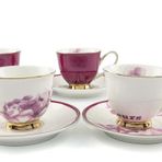 Benim Evim Rose Fleurs Çiçek Desenli Porselen Kahve Fincan Seti, 2 Kişilik, 90 ml, Pembe-Beyaz, Altın Yaldızlı