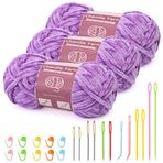 Benlay 3 x 100 g (3 x 80 m) şönil iplik, örgü ve tığ işi için kadife iplik, büyük ağızlı iğneler, yumuşak şönil iplik, kıyafet, battaniye, çanta, kazak, kendin yap örgü projeleri için (açık lila)