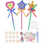 Benvo 12 Adet Prenses Peri Değnekleri Kiti Kalp Tiara Yıldız Ahşap Değnekler Bitmemiş Ahşap El Sanatları Ahşap Sihirli Değnekler, Mücevher Çıkartmaları, Şeritler, Kızlar için Boyama Fırçaları Parti Malzemeleri Sanat El Sanatları Projeleri