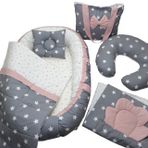 Berababy Babynest Emzirme Yastıklı Gri ve Pudra Tasarım Bebek Yuvası 6 Parça Set